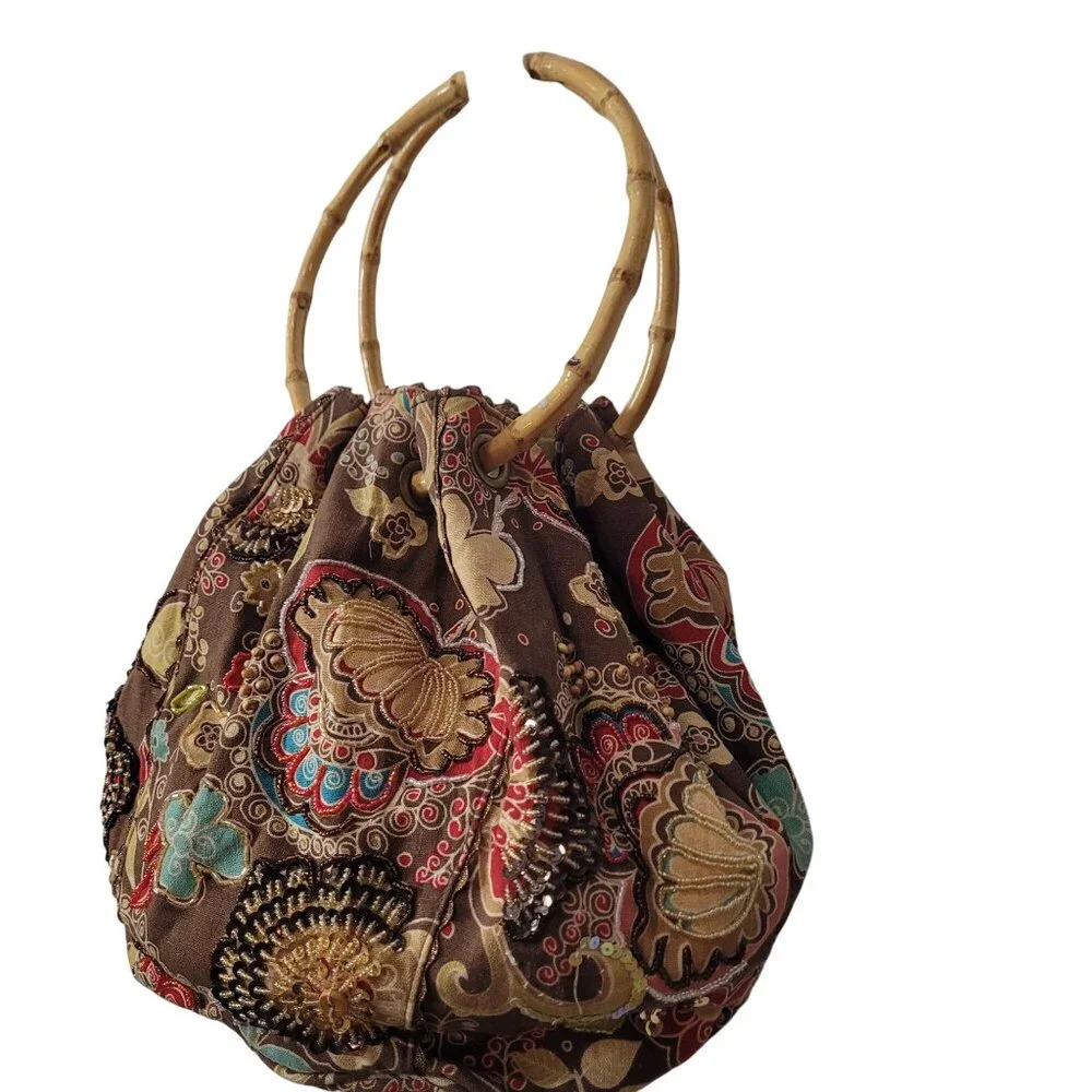Tianni Floral Embroidered Boho Fabric Handbag With Bamboo Ring Handles